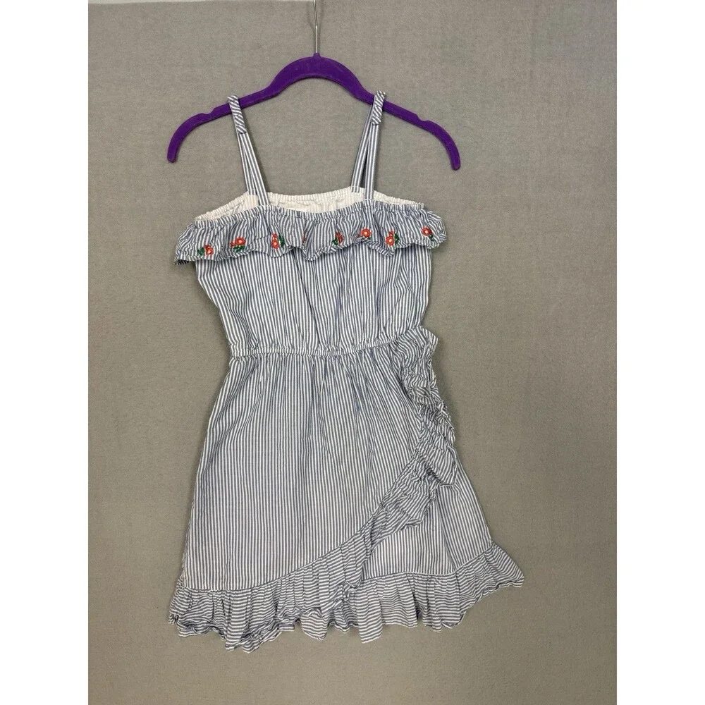 Janie and Jack Girls Size 10 Blue White Stripe Embroidered Poppy Floral Dress
